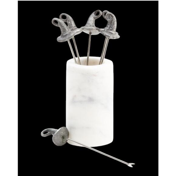 Set of 6 Halloween Witch Hat Cocktail Picks And White Marble Holder NEW - Picture 3 of 6